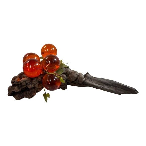 Vintage Amber Lucite MCM Grape Cluster On Driftwood Mid-Century Accent Piece - Picture 1 of 5
